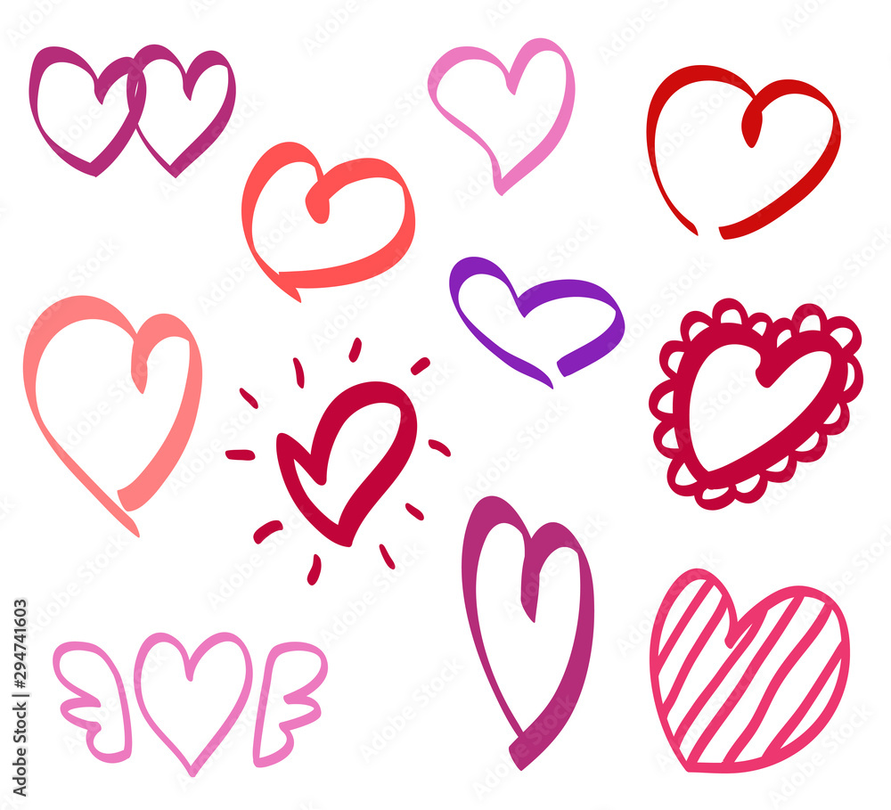 Abstract colorful hearts on isolated white background. Hand drawn collection. Colored illustration. Sketchy elements