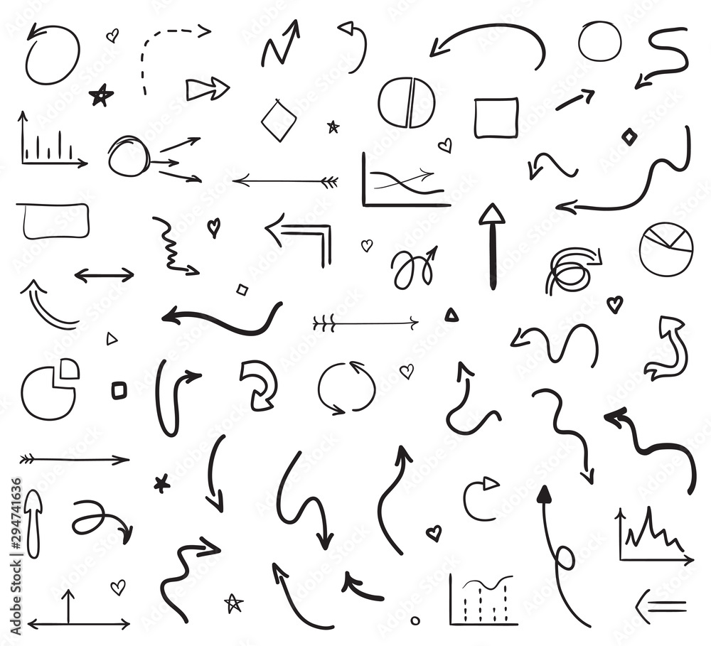Infographic elements on isolated white background. Hand drawn wavy arrows. Set of different signs. Abstract symbols. Black and white illustration Infographic elements on isolated white background. Hand drawn wavy arrows. Set of different signs. Abstract symbols. Black and white illustration