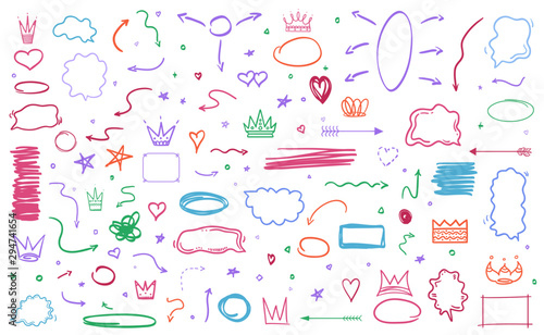 Colored elements isolated on white. Hand drawn simple sketches. Abstract signs. Sketchy symbols for work