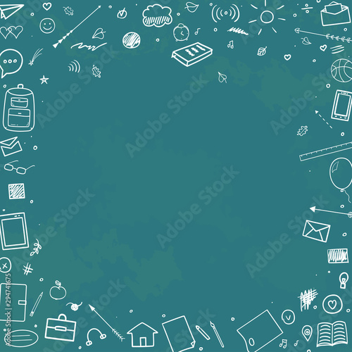 Back to school. Abstract colored chalkboard. Background with hand drawn school supplies