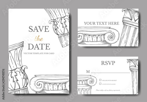 Vector Antique greek columns. Black and white engraved ink art. Wedding background card decorative border.