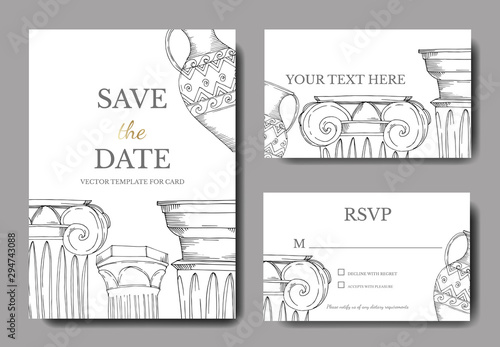 Vector Antique greek amphoras and columns element. Black and white engraved ink art. Wedding background card.