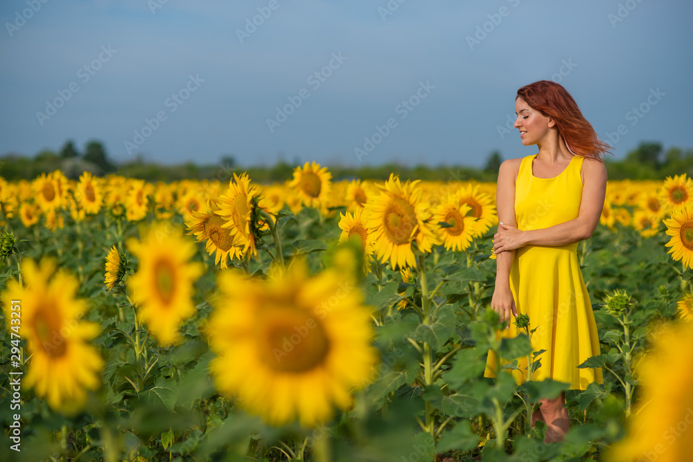 A red-haired woman in a yellow dress is standing in a field of sunflowers. Beautiful girl in a skirt sun enjoys a cloudless day in the countryside. Pink locks of hair. A red-haired woman in a yellow dress is standing in a field of sunflowers. Beautiful girl in a skirt sun enjoys a cloudless day in the countryside. Pink locks of hair.