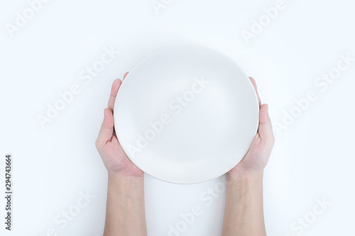 The top view of the hand is holding a white plate.