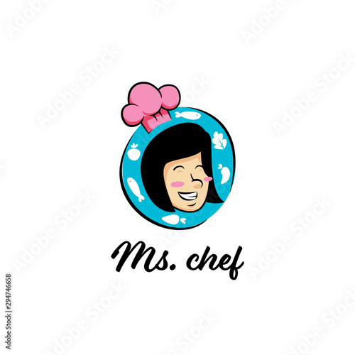 miss chef sweet cute female personal chef logo icon symbol with happy smiling woman girl short hair face with chef hat mascot