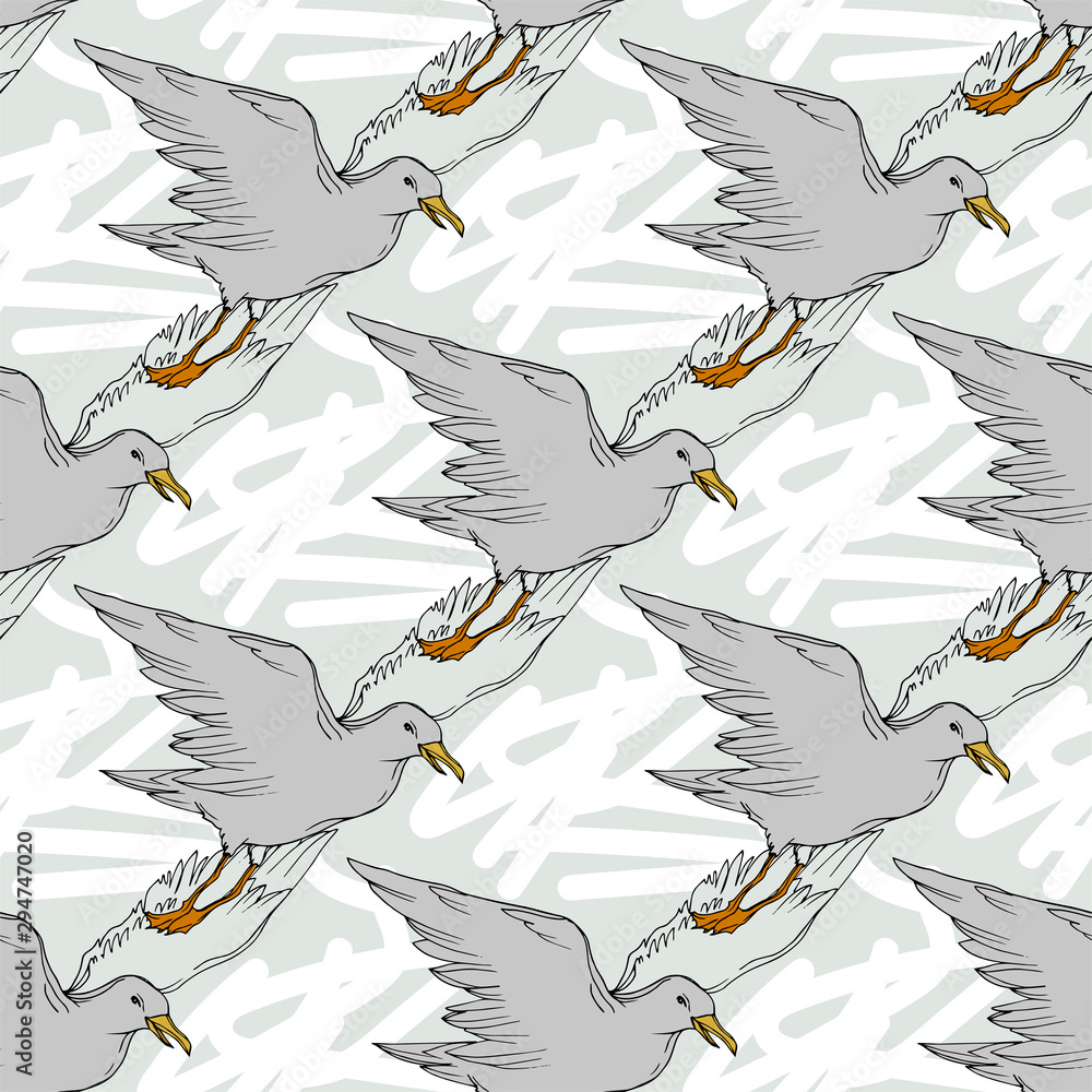 Fototapeta Vector Sky bird seagull in a wildlife isolated. Black and white engraved ink art. Seamless background pattern.