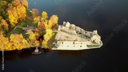 Autumn Aerial Landscapeof Old Koknese Castle Ruins and River Daugava Located in Koknese Latvia. Medieval Castle Remains in Koknese. Aerial View of an Old Stone Castle Ruins in Koknese  photo