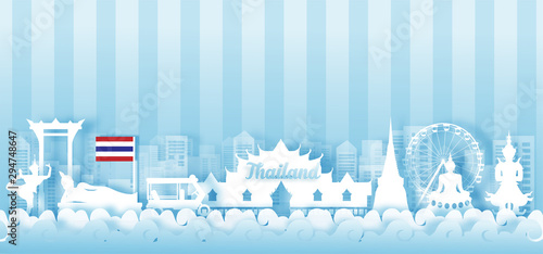  Thailand Travel postcard panorama, poster, tour advertising of world famous landmarks of Thailand in paper cut style.