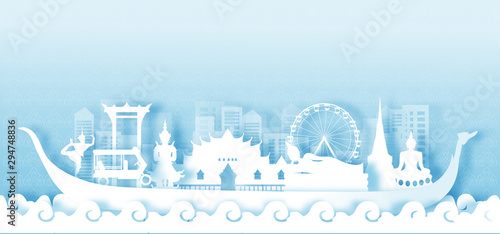  Thailand Travel postcard panorama, poster, tour advertising of world famous landmarks of Thailand in paper cut style.