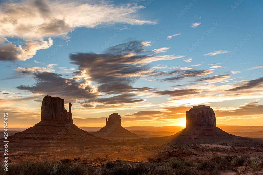 First Sunrays of the Day over the Monument Valley Desert, USA/Arizona