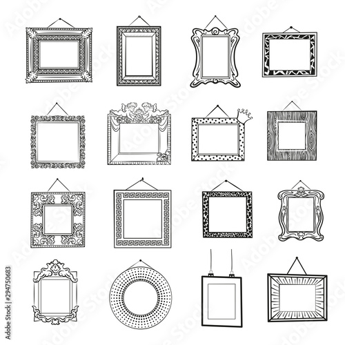 Black and white blank picture frames. Classic, modern and vintage blank frames. Line art set