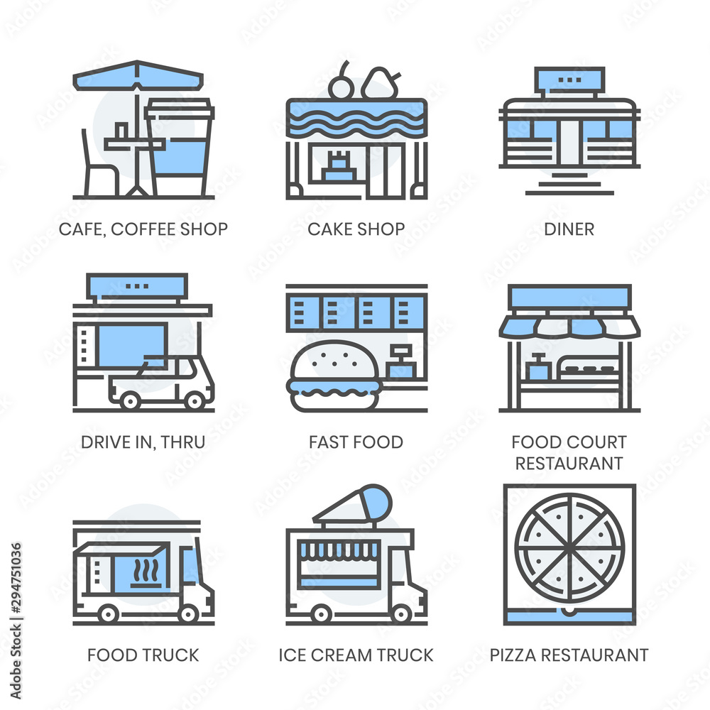 Restaurant types related, square line color vector icon set for applications and website development. The icon set is editable stroke, pixel perfect and 64x64.