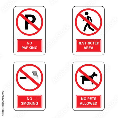 No sign set. No parking, no smoking, no pet allowed and restricted area symbols. Vector illustration outline flat design style.