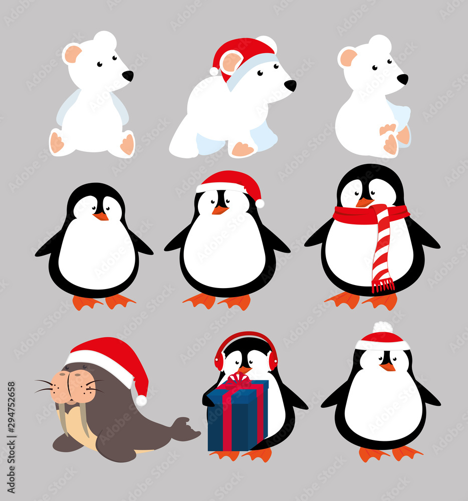 bundle christmas animals with set icons vector illustration design