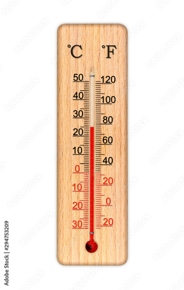 Wooden celsius and fahrenheit scale thermometer for measuring air  temperature. Thermometer isolated on white background. Air temperature plus  25 degrees celsius foto de Stock | Adobe Stock