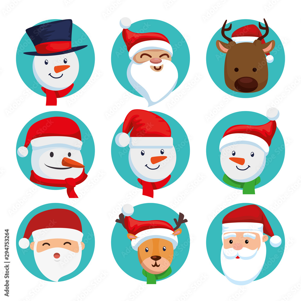 bundle christmas of faces santa claus with set characters vector illustration design