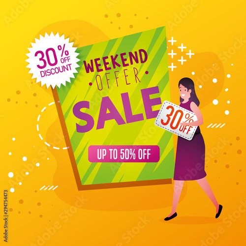 commercial label with weekend offer lettering and woman vector illustration design