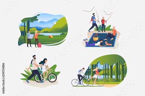 Active lifestyle illustration set. People riding bikes outdoors, hiking to camp, fishing, enjoying picnic. Activity concept. Vector illustration for posters, banners, flyers
