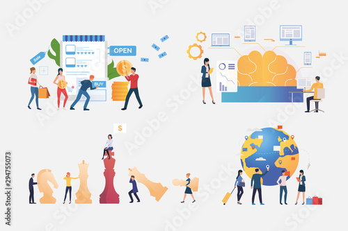 Business development illustration set. Businesspeople playing chess, travelling, buying goods in online shop. Business concept. Vector illustration for posters, presentations, landing pages