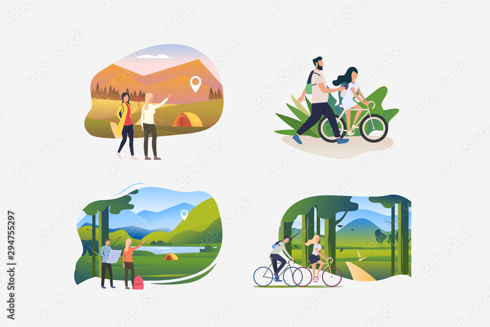 Plakat Hiking illustration collection. People riding bikes outdoors, trekking to camp, hiking. Activity concept. Vector illustration for posters, banners, flyers