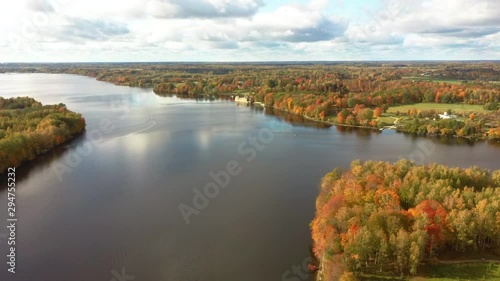 Autumn Aerial Landscapeof Old Koknese Castle Ruins and River Daugava Located in Koknese Latvia. Medieval Castle Remains in Koknese. Aerial View of an Old Stone Castle Ruins in Koknese  photo