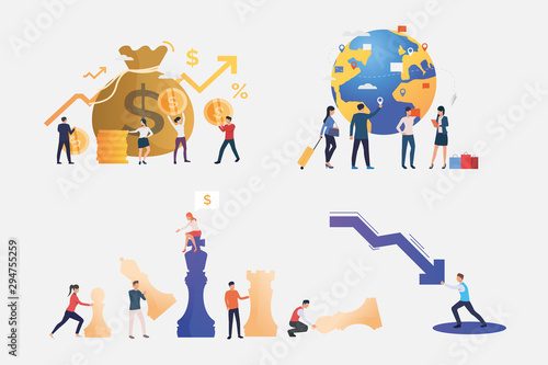 Finance management illustration set. People investing money, travelling, stopping crisis, playing chess. Business concept. Vector illustration for banners, layouts, website design