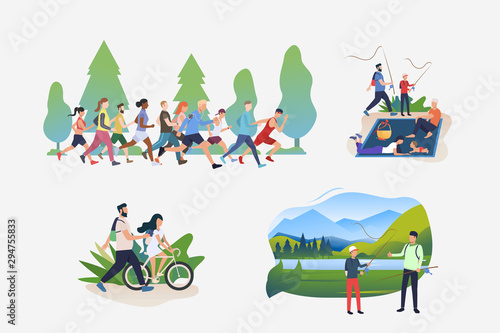 Sport and outdoor activity illustration set. People jogging, riding bikes outdoors, fishing, enjoying picnic. Activity concept. Vector illustration for posters, banners, flyers