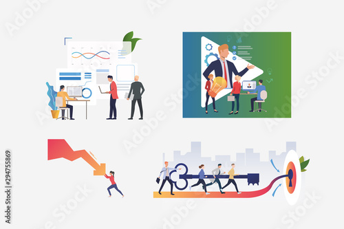 Startup management illustration set. People holding lightbulb, managing crisis, inserting key to lock together. Business concept. Vector illustration for posters, presentations, landing pages
