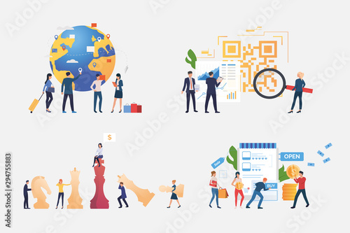 Successful international business illustration set. People playing chess, travelling, buying goods in internet store. Business concept. Vector illustration for banners, layouts, website design