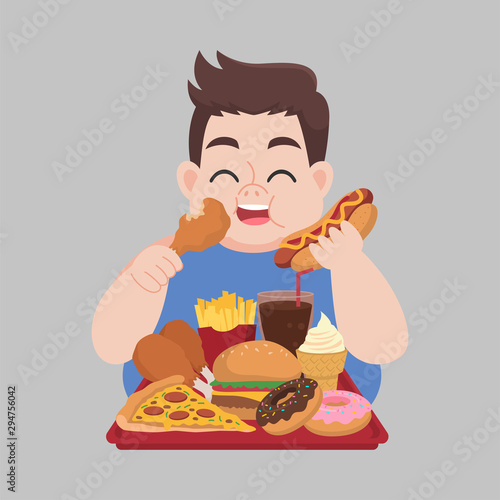 Big Fat Happy man enjoy eat fast food, junk food, chicken drumstick, pizza, donuts, French fries, Hamburger, ice cream, coca cola, hot dog, unhealthy cartoon, diet lose weight, Healthcare concept