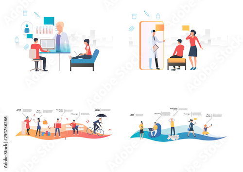 Communication services illustration set. People with devices consulting doctor, using wireless internet connection. Technology concept. Vector illustration for posters, presentations, landing pages