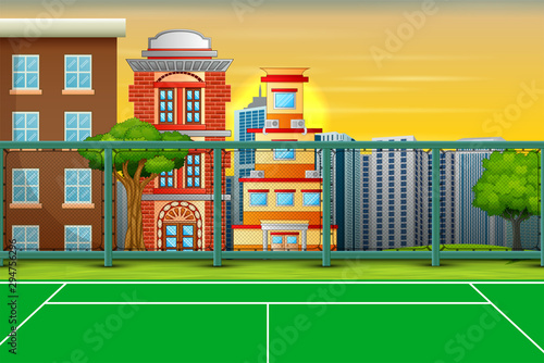 Cartoon background with sport field  in city landscape