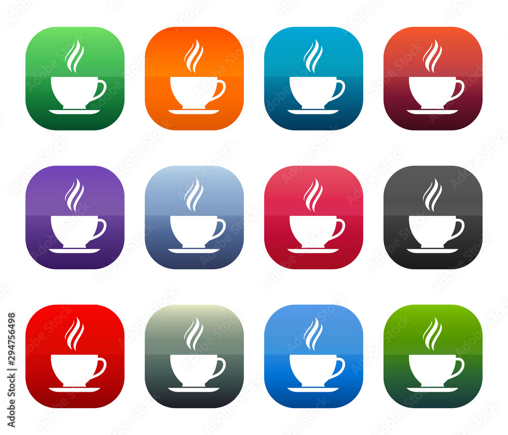 Coffee cup icon shiny square buttons set illustration design Coffee cup icon shiny square buttons set illustration design