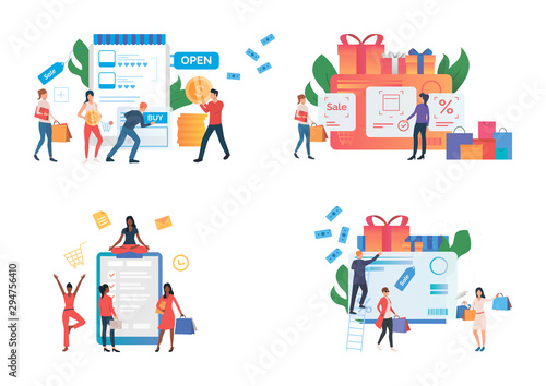 Internet store customers illustration set. People doing shopping online, holding bags, checking list, buying gifts. Commerce concept. Vector illustration for posters, presentations, landing pages