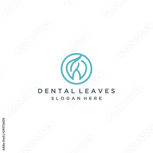 dentist design logos, or abstract teeth with circle and natural leaves 