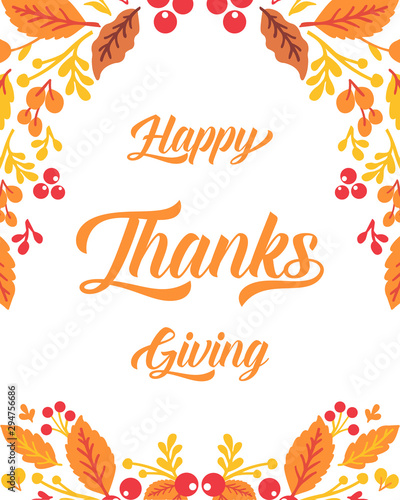Template lettering of thanksgiving, with autumn leaves frame background. Vector
