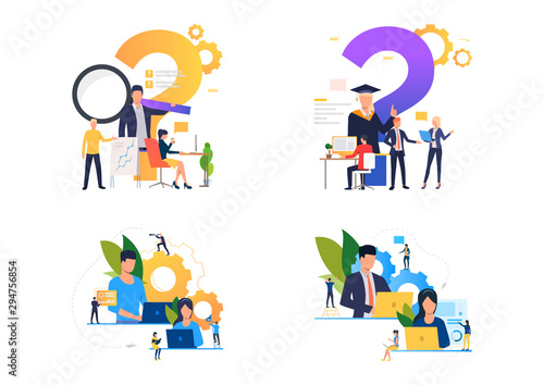 Studying illustration set. Person wearing graduation hat, pointing at question mark and gear, using computer. Education concept. Vector illustration for posters, presentations, landing pages