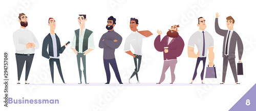 Businessman or people character design collection. Modern cartoon flat style. Young professional males poses.