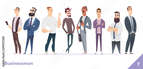 Businessman or people character design collection. Modern cartoon flat style. Young professional males poses.