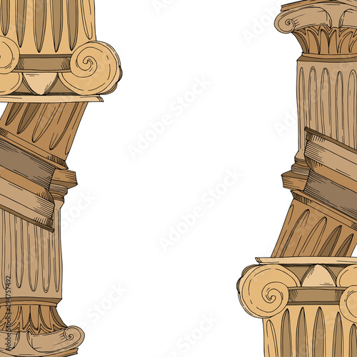 Vector Antique greek amphoras and columns. Black and white engraved ink art. Frame border ornament square.