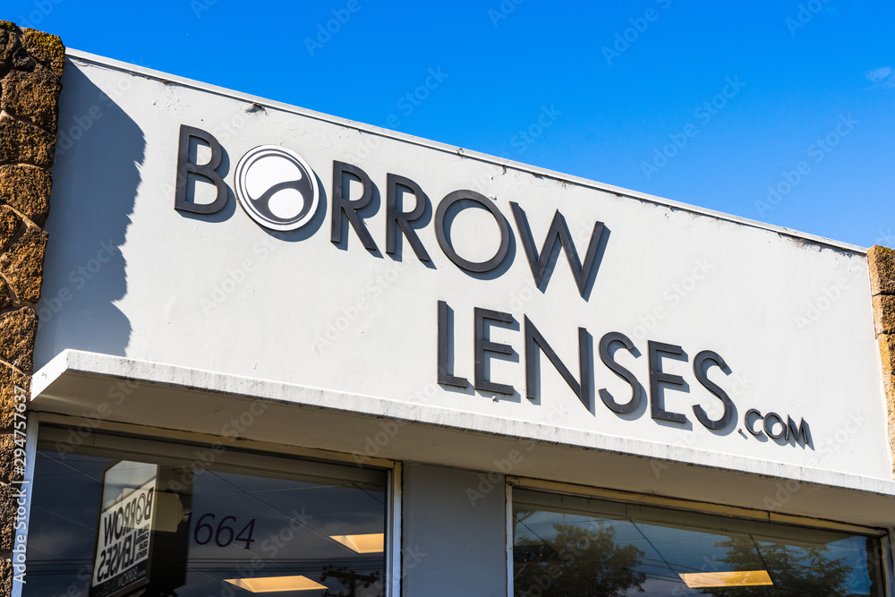 Sep 25, 2019 San Carlos / CA / USA BorrowLenses sign at the renting