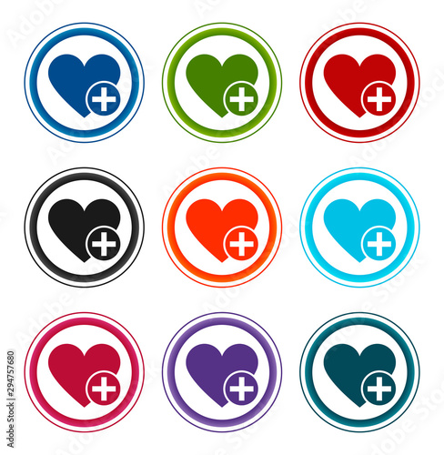 Add favorite heart icon flat round buttons set illustration design