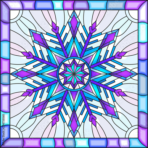 Illustration in stained glass style with snowflake in blue colors in a bright frame 