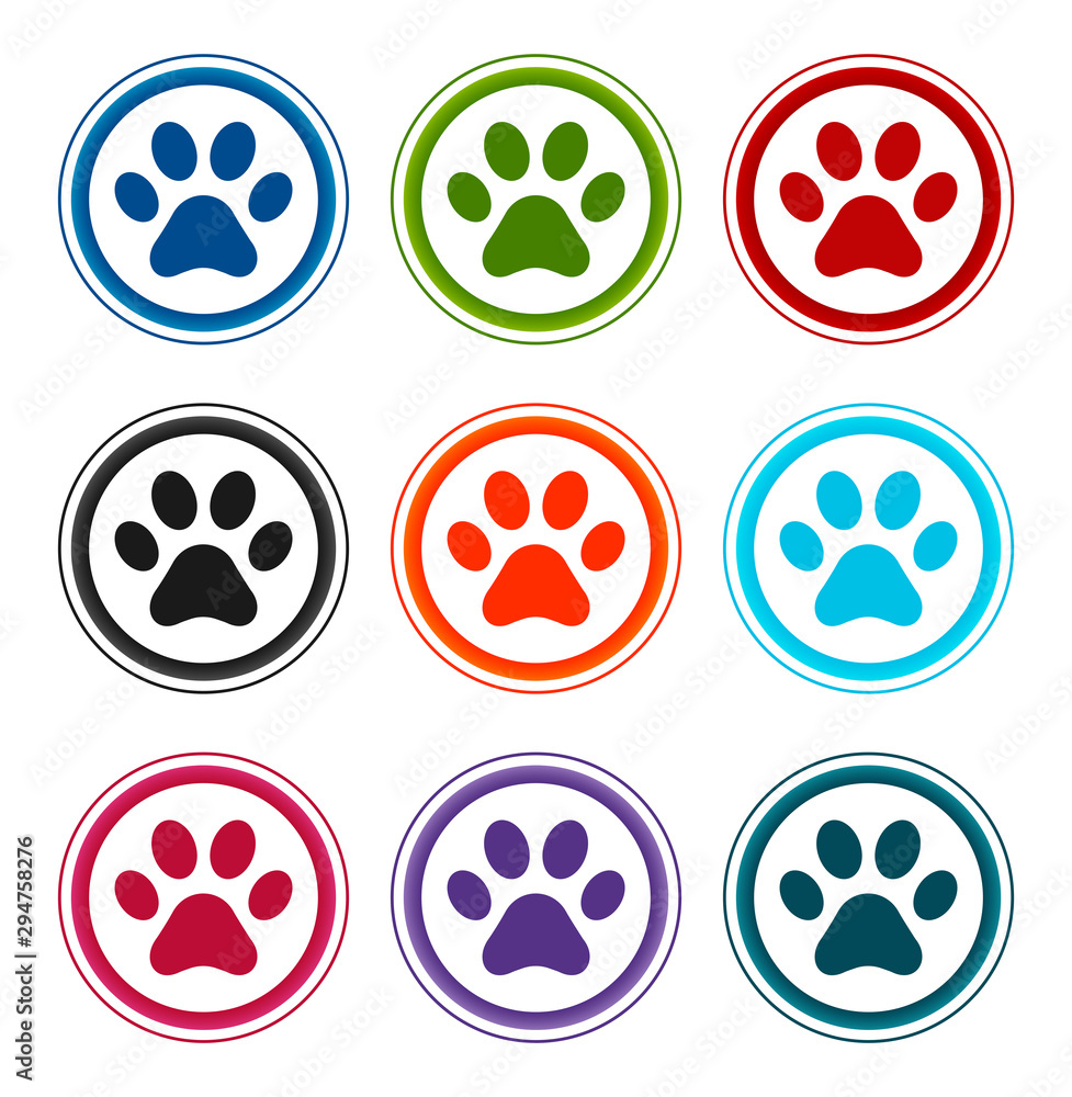 Animal paw print icon flat round buttons set illustration design