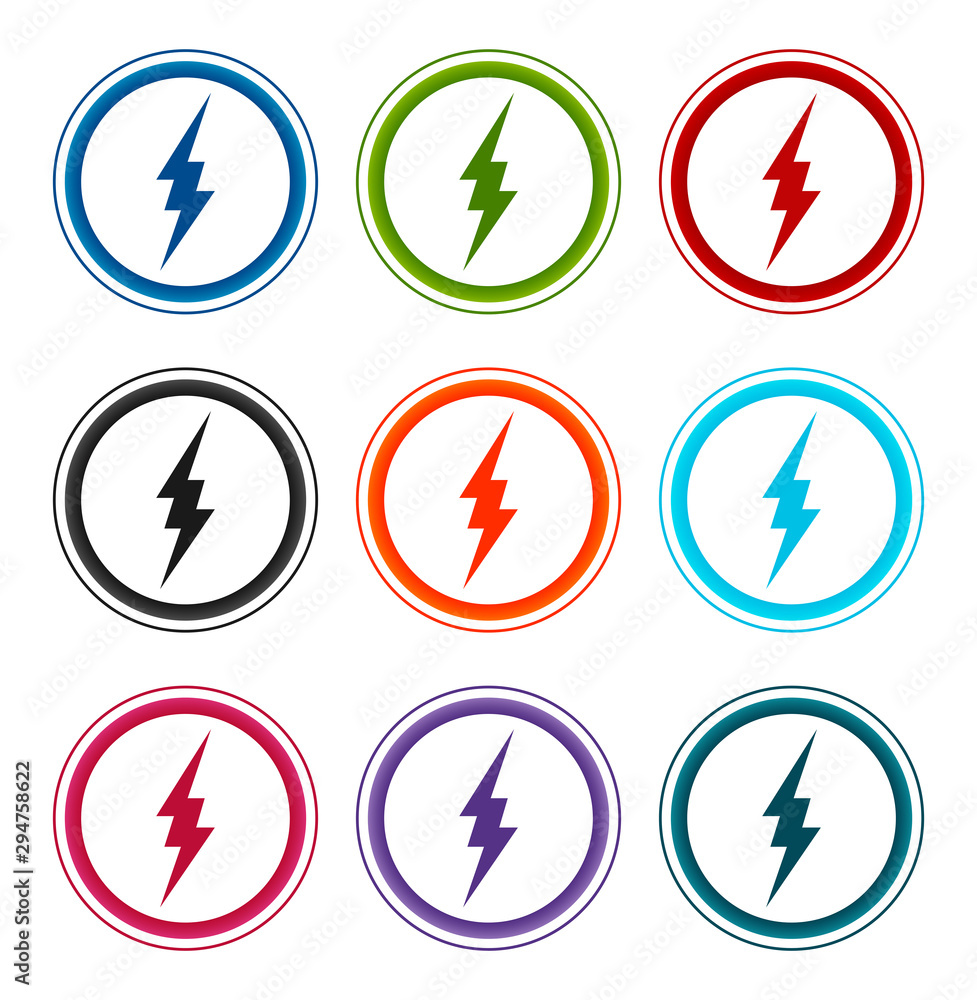 Lightning icon flat round buttons set illustration design