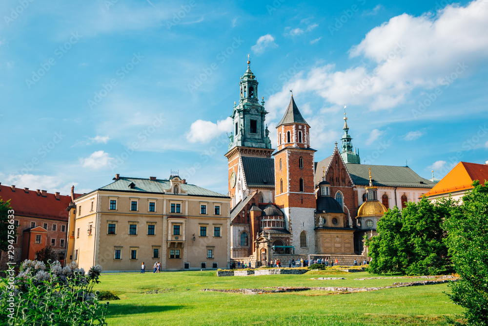 Wawel castle with garden in Krakow, Poland