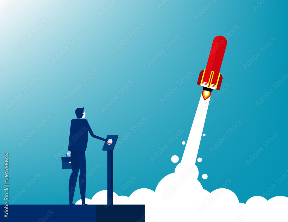 Businessman launches rocket. Concept business startup vector illustration, Successful, Achievement. Businessman launches rocket. Concept business startup vector illustration, Successful, Achievement.