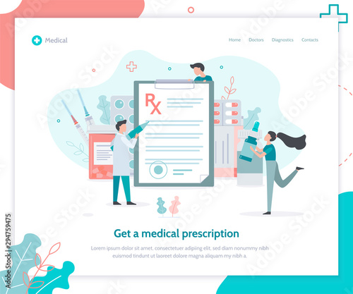 Get a medical prescription. Landing page template. The doctor writes a prescription. Pharmacists to bring medicine. Flat vector illustration.
