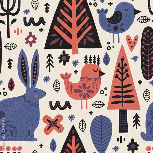 Forest animals in nordic style seamless pattern. Cartoon hares, birds and trees on white background. Flora and fauna hand drawn vector illustration. Textile, wallpaper, wrapping paper design idea