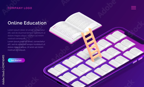 Online education or library isometric concept vector illustration. Open book and wooden stairs on mobile phone screen, violet background, landing web site page for educational or language courses